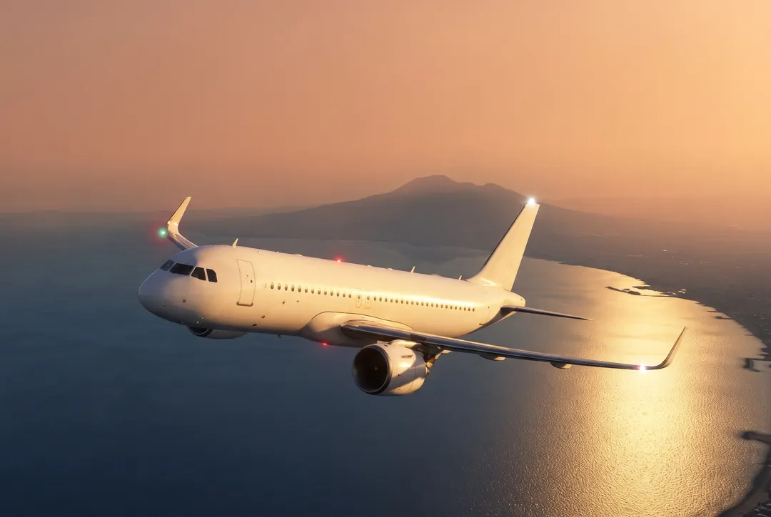 Un Airbus A320 in salita sul Golfo di Napoli all'ora d'oro, con il Vesuvio sullo sfondo