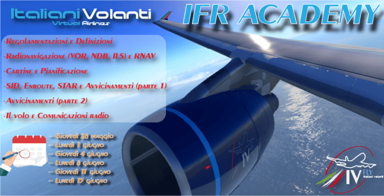 Locandina della IFR Academy di Italiani Volanti: argomenti e date delle 6 lezioni, sull'ala e il motore di un aereo di linea