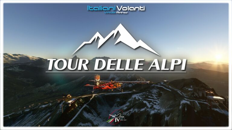 Locandina del Tour delle Alpi: montagne innevate al tramonto