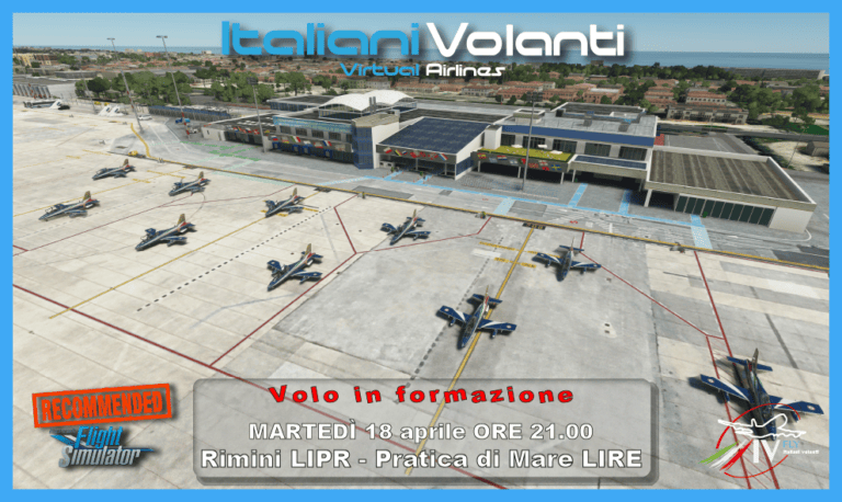 Locandina del volo in formazione dell'aprile 2023: jet sul piazzale di un aeroporto visto dall'alto