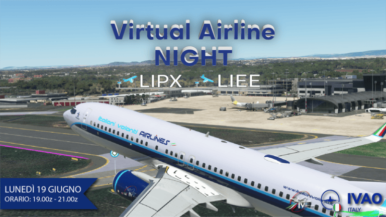 Locandina della Virtual Airline Night di IVAO: un Boeing 737 con la livrea Italiani Volanti, da Verona a Cagliari
