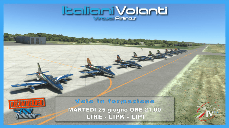 Locandina del volo in formazione n.3: jet MB-339 schierati sul piazzale, rotta Pratica di Mare, Rivolto e Forlì
