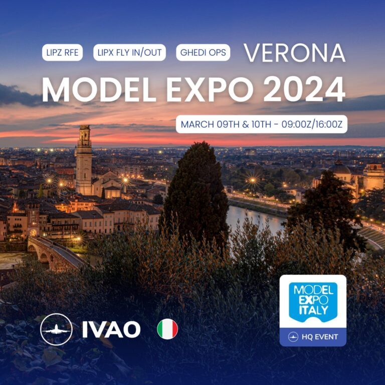 Locandina di IVAO al Model Expo Italy 2024 di Verona, 9 e 10 marzo, con la città al tramonto