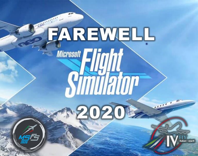 Locandina di Farewell FS2020: il logo di Microsoft Flight Simulator 2020 tra aerei di linea in volo