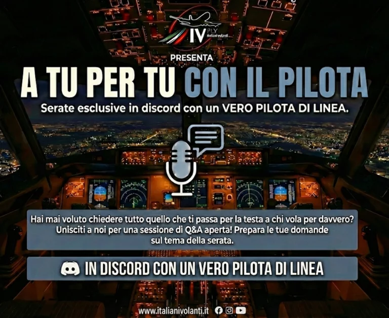 Locandina di A tu per tu con il pilota: serate su Discord con un vero pilota di linea, sullo sfondo di una cabina di pilotaggio